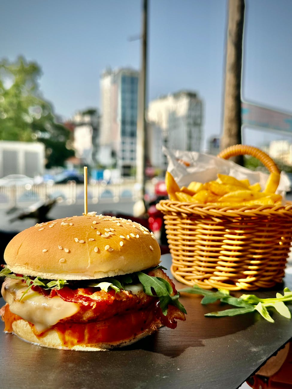 delicious burger with fries in ho chi minh city